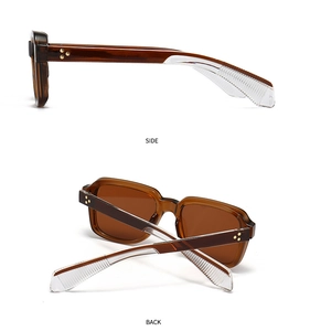 Side and back view of brown rectangular sunglasses with unique gradient temples and gold dots
