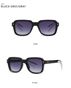 Front and side view of small square retro sunglasses with yellow metal accents