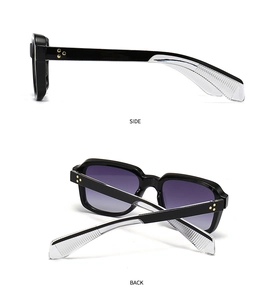 Detailed side and back view of retro black square sunglasses with purple gradient lenses