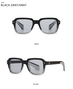 Front and side views of vintage black gray gradient rectangle sunglasses with gold accents