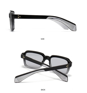 Detail view of square gradient sunglasses frames showing side and back temples with star rivets