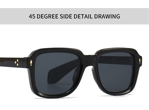 45 degree side detail of black rectangle sunglasses with signature gold metal rivets