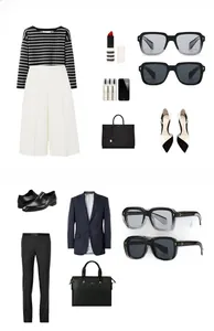 Flat lay of narrow rectangular eyewear styled with professional fashion outfits