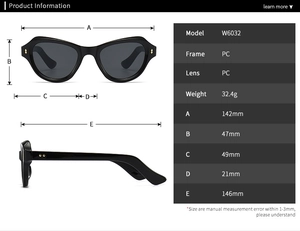 Detailliertes Diagramm der Cat-Eye-Sonnenbrille mit PC-Rahmen und Maßangaben in Millimetern