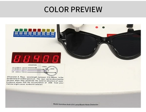 Detailansicht des UV400-Schutztests für klassische schwarze Cat-Eye-Schmetterlingsbrillen