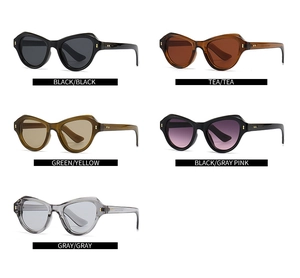 Detailansicht von fünf verschiedenen Cat-Eye-Sonnenbrillen mit Metallnieten-Details