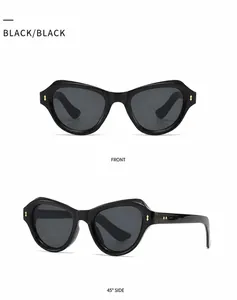Front- und 45-Grad-Seitenansicht der schwarzen Cat-Eye-Sonnenbrille mit Metallnieten