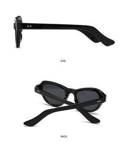 Seiten- und Rückansicht der schmalen schwarzen Schmetterling-Sonnenbrille mit Nieten