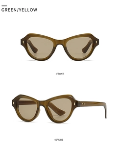 Detailansicht der trendigen gelbgrünen Cat-Eye-Sonnenbrille mit getönten Gläsern von vorne