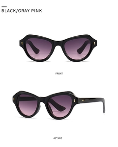 Front- und Seitenansicht der schwarzen Schmetterlingssonnenbrille mit rosa Verlaufsgläsern