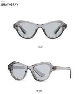 Vorder- und 45-Grad-Seitenansicht der grauen Schmetterling-Cat-Eye-Sonnenbrille mit Nieten