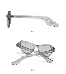 Detailansicht der grauen Schmetterlings-Sonnenbrille mit CE-Kennzeichnung und Modell M8033