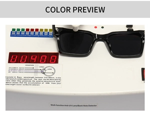 Détail de lunettes de soleil carrées noires testées pour la protection UV400 sur un appareil