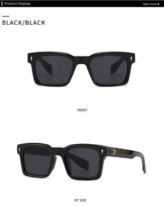 Vues détaillées de lunettes de soleil carrées noires avec rivets dorés en forme de losange