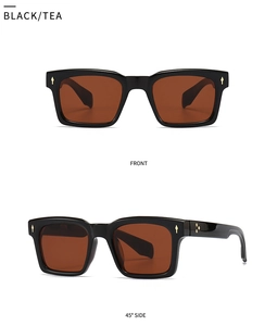Détails des lunettes de soleil rectangulaires rétro avec ornements léopard dorés et verres thé
