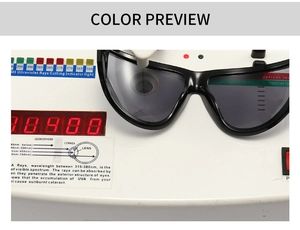Dettaglio del test di protezione UV professionale su occhiali da sole neri futuristici