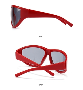 Vista laterale e posteriore di occhiali da sole futuristici rossi con lenti grigio-blu