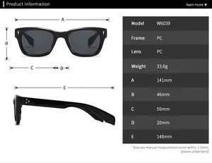 Detailed size guide and measurements for square PC frame sunglasses with gold rivets
