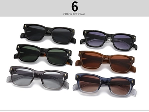 Detailed display of six color options for square sunglasses with metal arrow rivets