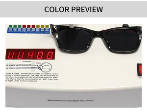 Detail view of UV400 protection testing for these square black frame sunglasses