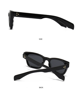 Side and back view of black square sunglasses featuring metallic star-shaped rivets on frame