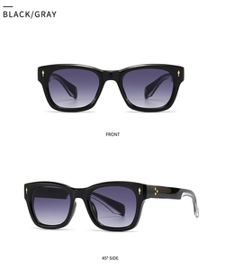 Front and 45-degree side views of square sunglasses with gold arrow rivets and gray lenses