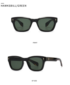Detailed views of retro tortoiseshell square sunglasses with green lenses and gold rivets