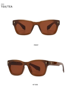 Front and side views of vintage tea-colored square sunglasses with gold rivet accents