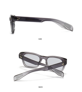 Detail view of translucent grey sunglasses with golden rivets and Side/Back perspectives