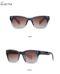 Detail view of blue tea gradient square sunglasses with golden arrow rivets