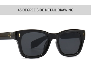 Detail of classic black square sunglasses showing 45-degree side view and gold rivet accents