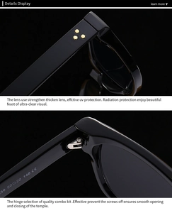 Detail of black bold sunglasses frame with gold star rivets and CE certified hinges