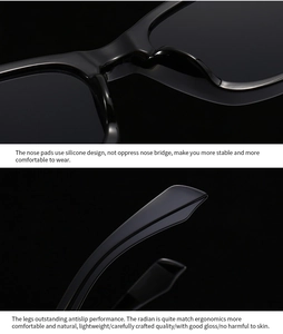 Detailed macro view of silicone nose pads and non-slip ergonomic temples on black sunglasses