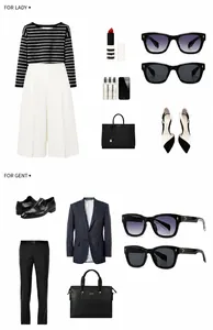 Flat lay of retro square sunglasses styled with striped shirts and fashion accessories