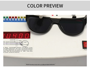 Détail des lunettes de soleil papillon noires soumises à un test de protection UV de lentille