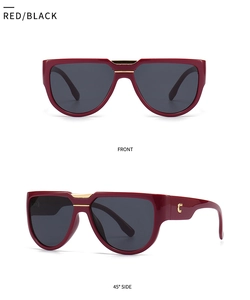 Vues de face et de profil de lunettes papillon rouge foncé avec accents dorés en C