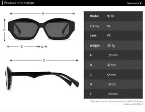 Detailed size chart for 9170 small cat eye sunglasses showing frame dimensions and weight
