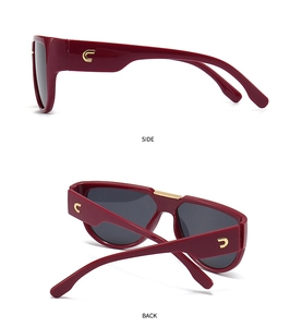 Vue détaillée de la monture rouge foncé avec logo doré et vue arrière des lunettes