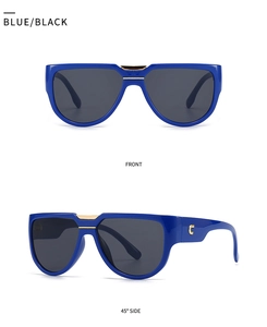 Détail de lunettes de soleil bleues à monture épaisse avec logo C doré sous deux angles