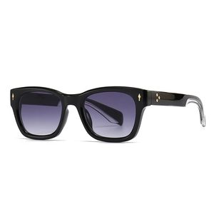Retro black square sunglasses with purple gradient lenses and gold rivet accents