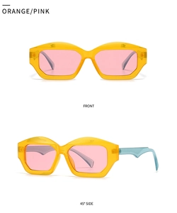Front and side view of small cat-eye sunglasses with orange frames and pink lenses