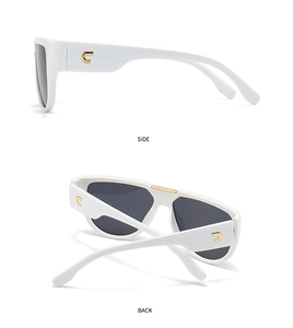 Détails de lunettes de soleil papillon blanches avec logo C doré et verres gris foncés