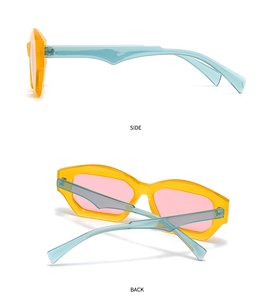 Side and back view of trendy geometric cat eye sunglasses with yellow frames and pink lenses
