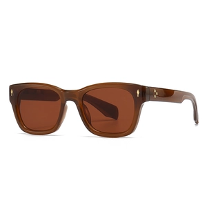 Square brown sunglasses with retro arrow metal rivets and dark brown UV lenses