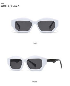 Detailed front and side views of white cat-eye sunglasses with wavy textured temples