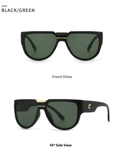 Vues de face et à 45 degrés de lunettes papillon noires avec verres verts et accents dorés