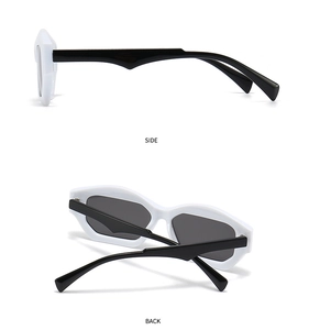 Side and back view of fashion cat eye sunglasses with thick white frames and black temples