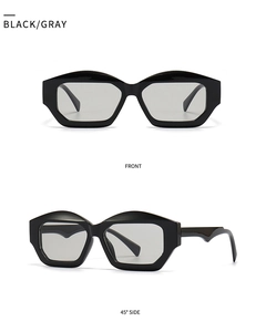 Front and side view of chic black cat-eye sunglasses with gray lenses and geometric frame