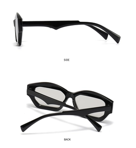 Side and back view of black cat-eye sunglasses with irregular geometric frames