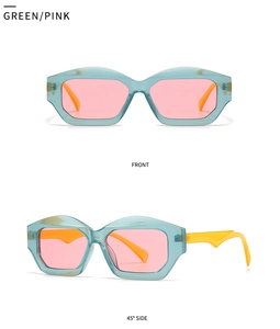 Front and side view of geometric cat eye sunglasses with green frames and pink lenses